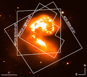 Fig. 1: HST image of the Antenna galaxies (NGC 4038/4039) overlaid on an image from a ground-based CTIO telescope. The image shows three snapshots taken by HST during 1996, 2004 and 2010. 
