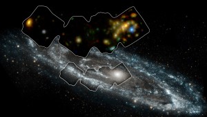 NuSTAR image of Andromeda, inset on a UV image by NASA's Galaxy Evolution Explorer. Click for a better look! [NASA/JPL-Caltech/GSFC]