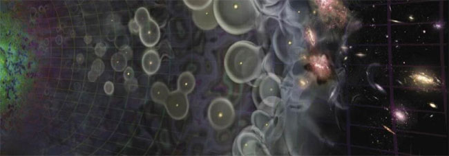 An artist conception of cosmological history.  Notice the little ionized "bubbles" that form around the first ionizing sources.  These bubbles eventually overlap, resulting in the highly ionized Universe we observe today