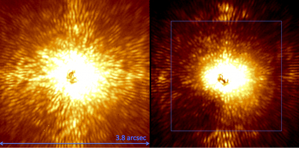 This shows how the Project 1640 system reduces the speckles in the image using wavefront sensing. The figure on the left shows the system (using the coronagraph to suppress starlight). The image on the right shows the system if the wavefront sensing and correction system is turned on. 