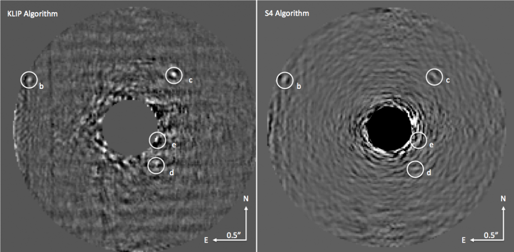 This shows how well the two speckle suppression algorithms work. The result after using the "KLIP" algorithm is on the left; the "S4" algorithm is on the right. The locations of the planets are circled and labeled. 