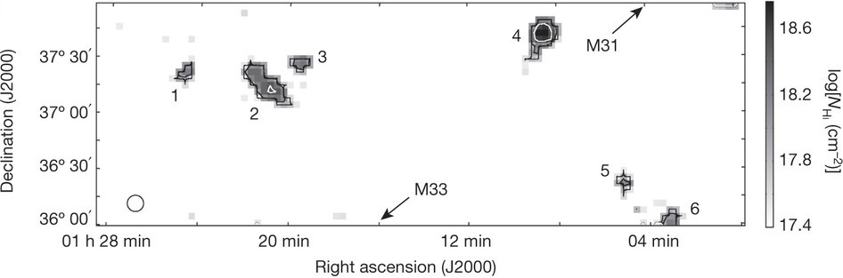 Figure 3 - Map of the 21 cm emission detected by the GBT in between M31 and M33.  Six of the seven clouds are visible in this image (labeled numerically).  The seventh is visible when the data is smoothed to a lower resolution.  The directions to M31 and M33 are marked by the arrows.