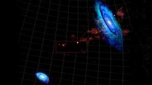 Figure 1 - Artist's conception of the region between M31 and M33 with an image of the new high resolution observations of the clouds in between the two galaxies (inside box)