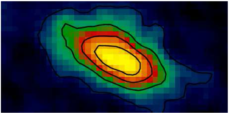 Figure 1. An image at 70 microns of the HD 115617 debris disk taken by Herschel. The shape of the disks in these images were used to determine the disks' inclination, assuming they are intrinsically circular.   