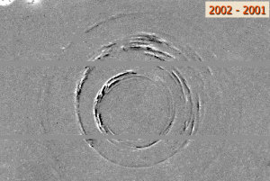 Light echoes, circular rings of ancient light from historical explosions scattering off dust, from SN 1987a as identified by Rest et al. in SuperMACHO data.