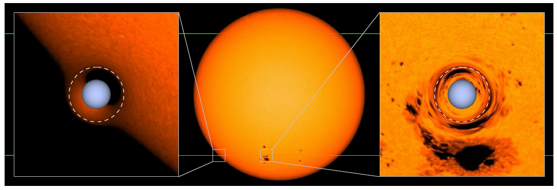 Figure 2. An illustration of how the white dwarf would distort and magnify the light from the G dwarf it orbits. The authors use an image of the surface of the Sun for this illustration. A video showing the lensing effect during a transit can be found here.
