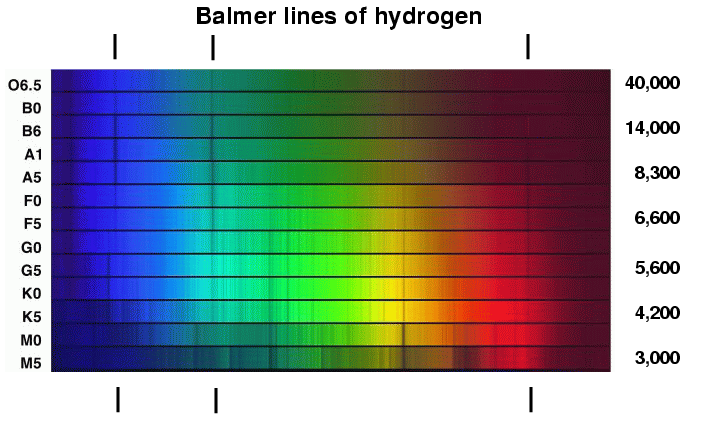 Hydrogen absorption lines (marked) in visible light. A stars have the deepest lines, while the hydrogen lines of M dwarfs are barely visible
