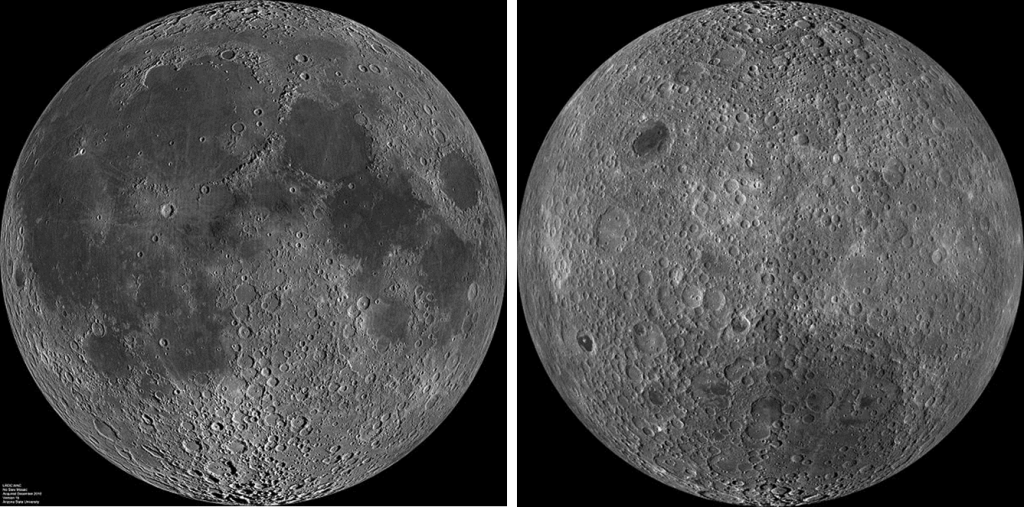 The near side (left) and far side (right) of the Moon. The far side has very little maria due to its thicker crust. Images from Wikipedia.