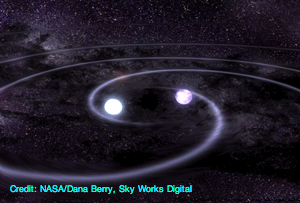An artist's rendering of two white dwarfs coallescing and producing gravitational wave emission.