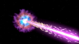 Artist's image of a gamma ray burst shooting straight for you. (NASA/Swift/Cruz deWilde)