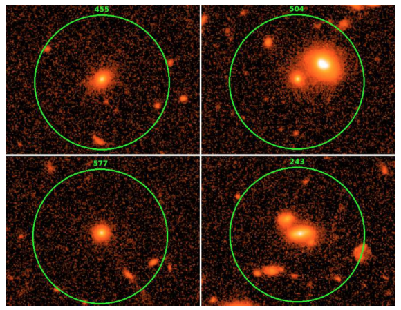 Radio-quiet AGN from the  CDFS catalogue. Low X-ray power (top) and high X-ray power (bottom) are shown, along with those galaxies classified as non-mergers (left) and mergers (right). Originally figure 3 in Chiaberge et al. (2015).