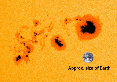 Figure 1: Sunspots, with the approximate size of Earth shown for reference. Image credit NASA/SDO.