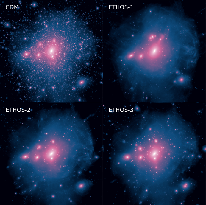 Figure 2. Density maps of a high-resolution simulation of a Milky Way-mass halo for the four different dark matter models the authors considered. One can see that with a higher self-interaction cross section, there are fewer satellite halos.