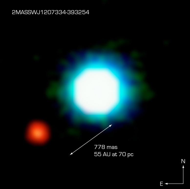 A dot (small red planet) next to a dot (big blue star). Credit: European Souther Observatory, a little while ago