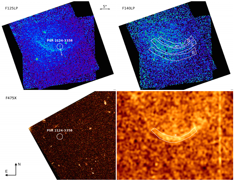 Figure 1: New observations from this study using the HST at three different wavelengths are shown in the top (left and right) and bottom left images. The shock is clearly visible in the far-UV using the F125LP filter. The bottom right image shows a previous H-alpha observation of the same pulsar. Figure 1 in the paper.