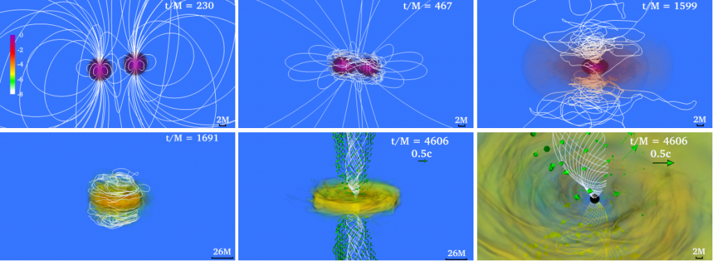 This series of images from the Ruiz et al. publication shows the stages of NS merging. Colors indicate rest mass density (for example, the NSs are shown in purple in the first panel). The process starts from two separate, orbiting NSs with dipole magnetic fields (white lines). Their orbit shrinks as energy is lost to gravitational radiation, and tidal forces cause them to become oblate as they draw nearer. Eventually a high-mass NS is formed, which collapses into a black hole. Helical jets with twisted magnetic fields are finally formed with energies comparable to observed short GRBs.