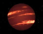 An artist's impression of a brown dwarf. A brown circle is shown on a dark background. The circle is streaked with orange as if glowing from the inside