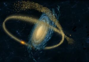 A stellar stream orbiting a spiral galaxy.