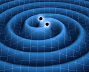 Two black holes in the center with waves coming from the center (generated by the black holes)