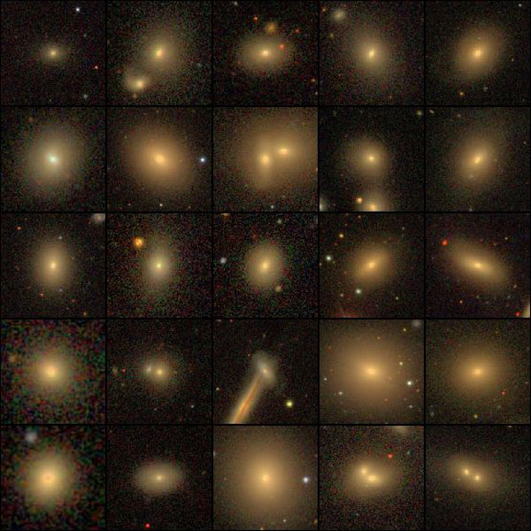 Various "quiescent" galaxies, no longer forming stars, are shown. They very in size in shape, but a mostly orange-red, spherical, and massive. 