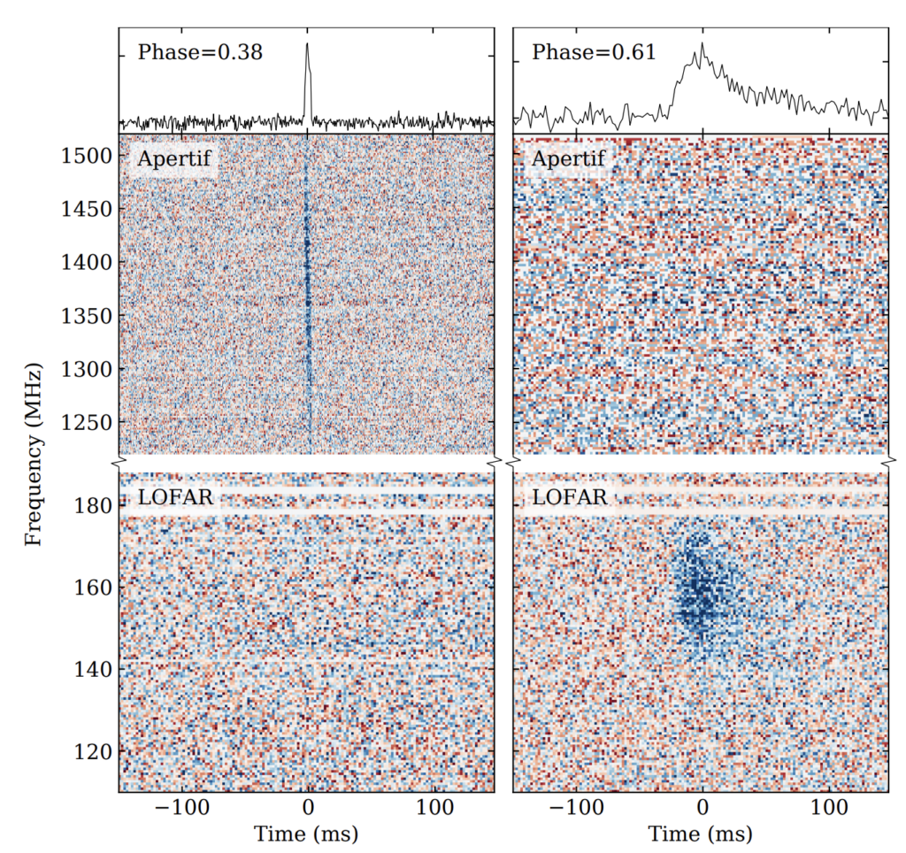 Image showing two FRB burst detections as a function of radio frequency and time. One burst seen at APERTIF at around 1400 MHz is very narrow and not scene at low frequencies around 150 MHz by LOFAR. The other burst seen at low frequencies by LOFAR but not at higher frequencies by APERTIF appears to be smeared out a bit, characteristic of pulse scattering by the interstellar medium.