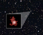 An image of the GOODS-North survey field, as seen by the Hubble Space Telescope. Throughout the image are galaxies and stars of various sizes, shapes, and colors. A zoom-in panel indicates the position and shape of galaxy GN-z11, the most distant galaxy ever to be observed. This galaxy appears as a red blob, since its light is observed in infrared wavelengths and beyond.