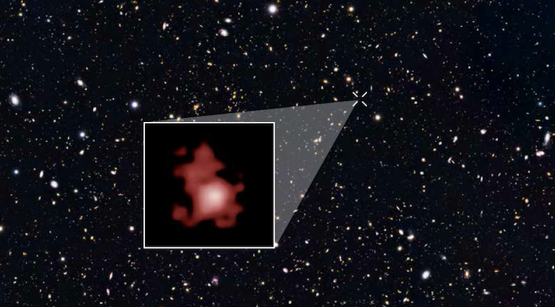 An image of the GOODS-North survey field, as seen by the Hubble Space Telescope. Throughout the image are galaxies and stars of various sizes, shapes, and colors. A zoom-in panel indicates the position and shape of galaxy GN-z11, the most distant galaxy ever to be observed. This galaxy appears as a red blob, since its light is observed in infrared wavelengths and beyond. 