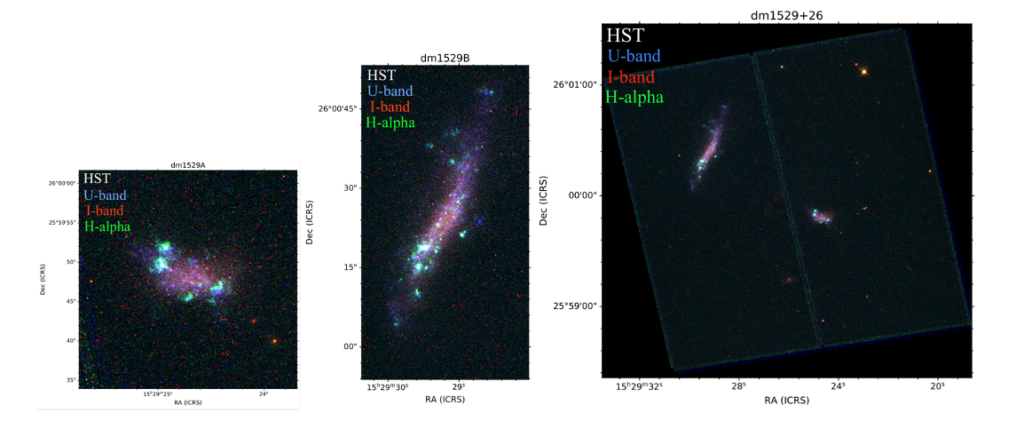 Three on-sky images of the galaxy merger dm1529+26 made by combining images using three different filters. These show that the areas of active star formation in both galaxues seem to be mostly occuring near their outskirts.
