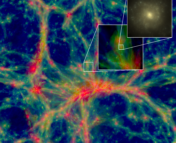 Output from the EAGLE simulation displaying the cosmic web, with zoom in images showing where galaxies are located, and an example of a simulated galaxy.