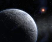 An image made by an artist of a large icy planet in the foreground, with its star in the distance.