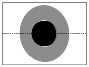 A graphical representation of the planet and its ring. The planet is show by a black circle with a large grey ring extending from the edge of the black circle to nearly twice the size of the planet. The ring is almost completely face on and blocks a tiny fraction of the planet.