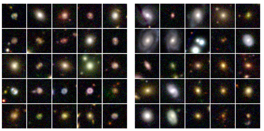 Left is an array of gravitational lenses painted over galaxies from the COSMOS survey. On the right is an array of objects that could be mistaken for lensed sources such as irregular galaxies.