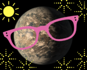 This image is a picture of a dry/desert looking planet wearing pink sunglasses. There is a cartoon star in the background, with several bursts of yellow confetti around the planet.