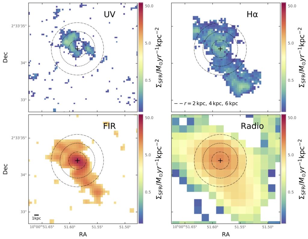 Four panel figure showing star formation probed by each of the four wavelength regime calibrators. Each map the same extended and compact regions of star formation throughout the galaxy, except UV which shows patchy holes in the dust.