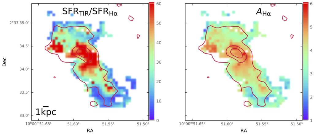 Two panel figure, the left shows the discrepancy between short wavelength and long wavelength star formation rate calibrators and the right shows the level of dust attenuation. The regions with more dust attenuation (in the galaxy nucleus primarily) also have the highest discrepancy.