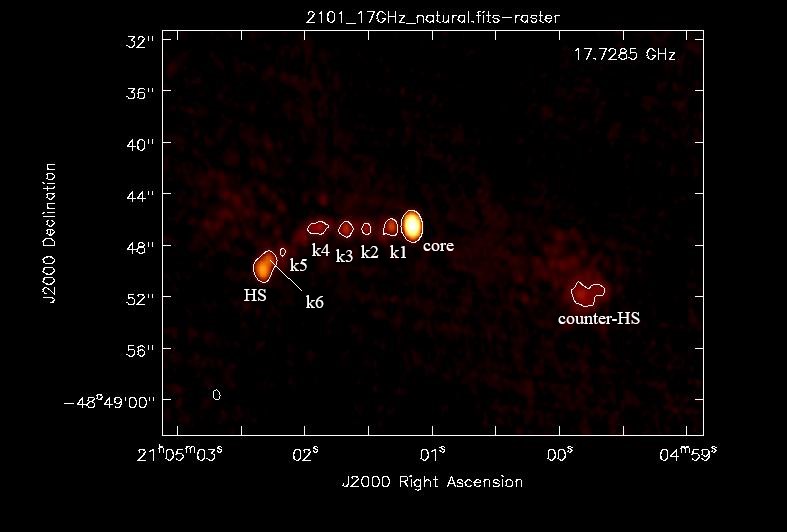 Observation from ACTA showing several regions bright at the 17.7 GHz radio frequency. The brightest is the core with bright regions emerging in one direction from the core labelled  as knots 1 to 6, increasing at greater distances from the core. The final knot, knot 6, is also known as the hot spot