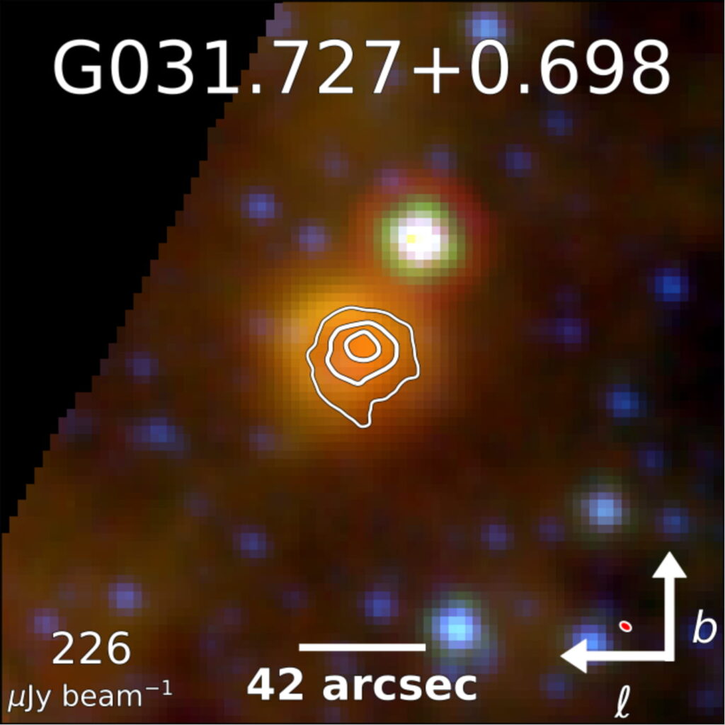 Image of target G031.727+0.698 from VLA shows a bright region of approximately 50 arcseconds in diameter, which overlaps with the bright area in the infrared from WISE.