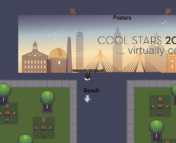 An avatar stands in a virtual conference space that includes two "parks" in the bottom corners and a sign on the floor that reads Cool Stars 20.5: Virtually Cool.
