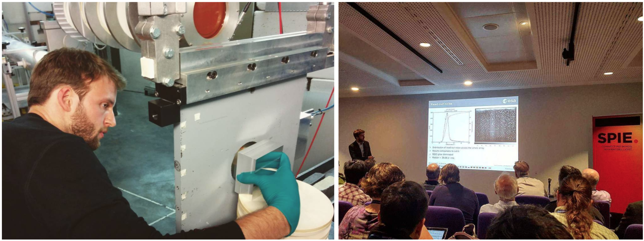 A man testing hardware in the lab on the left, and on the right presenting some results at a conference.