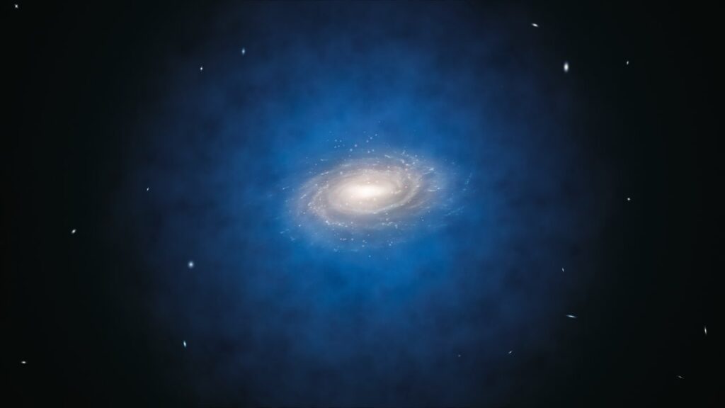 Image of a spiral galaxy, contained in a large, blue, roughly-spherical halo. The blue sphere is about four times the width of the galaxy, has blurred edges, and is semi-transparent so that the galaxy can be seen in its centre.