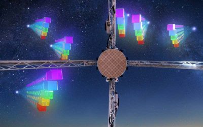 A cartoon picture of fast radio burst pulses approaching the ASKAP radio telescope from many different directions. Each radio pulse is split up into a number of smaller sub-pulses of different colors to illustrate the dispersion of radio waves of differing frequency as they propagate through intergalactic space.