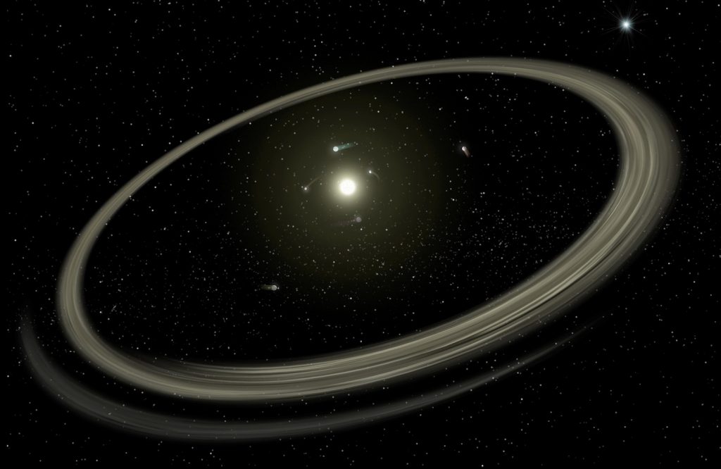 illustration of a star circled by a handful of orbiting planets and a wide, thin dust ring.