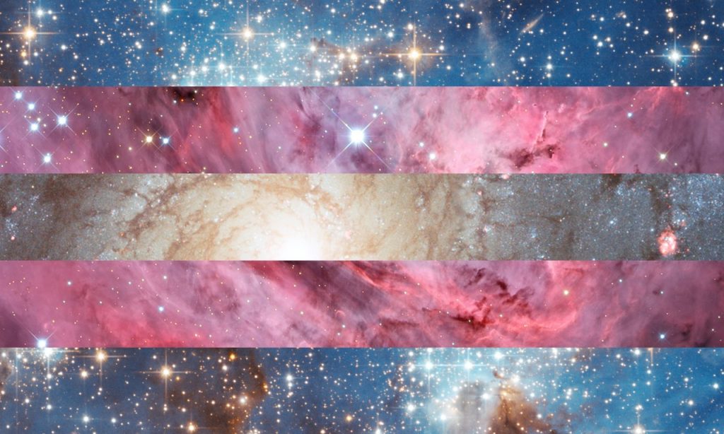 Transgender pride flag, made up of astronomical images.