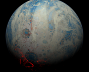 An artists impression of an early Earth is seen on a black background. The planet has a large beige landmass surrounded by blue oceans. The landmass is dotted in impact craters of varying sizes, many of which are filled with water. Glowing red streaks are seen in the lower left portion of the planet, indicating volcanic activity. Patchy, semi-transparent haze clouds streak across the planet.
