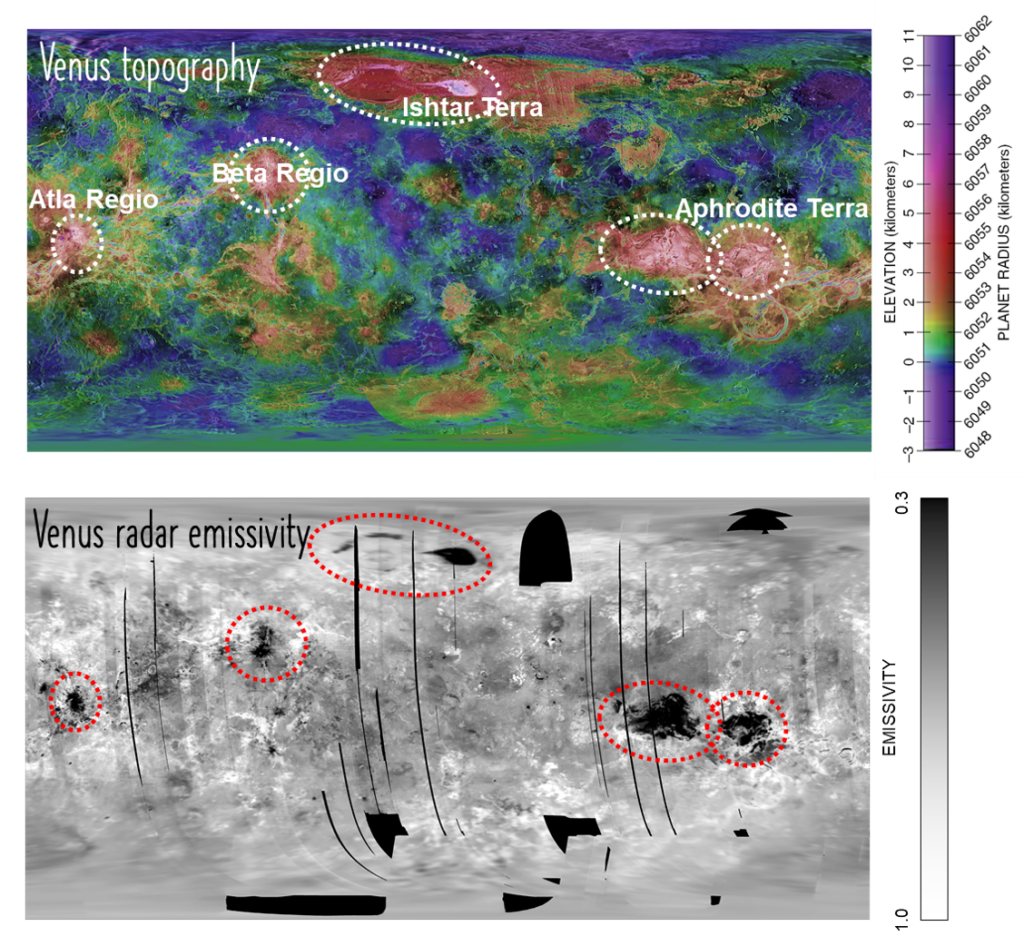 Figure 1. Magellan Venus colorized topographic map and radar emissivity map. Dashed ellipses highlight areas with high elevations and low emissivities. Black areas on the emissivity map indicate places where Magellan coverage is incomplete. Today’s paper focuses on 3 volcanoes located in Atla Regio! Image credit: USGS Astrogeology Science Center.