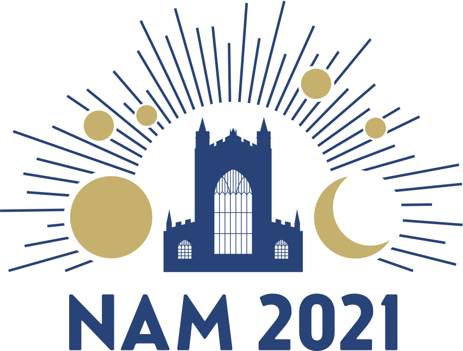 The National Astronomy Meeting 2021 logo. It is a simple graphic shows a silhouette of Bath abbey in blue in the centre, celebrating the city hosting the conference, and then gold circles implying astronomical objects and a moon shape, with rays extending out from the centre. Underneath is written NAM 2021