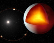An artists impression of XO-3b is seen on the right. A segment of the planet is cut out to show the inside of the planet, which is seen glowing red hot. To the left of the planet is an illustration of the eccentric orbit of the planet from above, showing the planet closer to the star towards the left than to the right