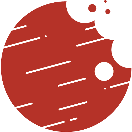 Our logo - a cartoonized version of Mars with a bite taken out.