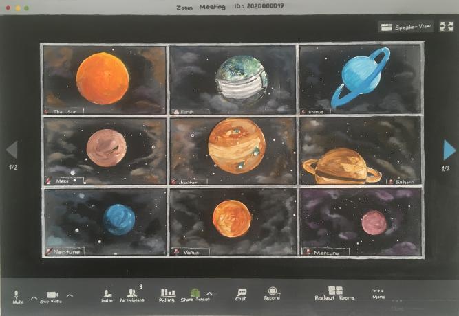 Painted Zoom screen with 9 squares, each holding a different planet