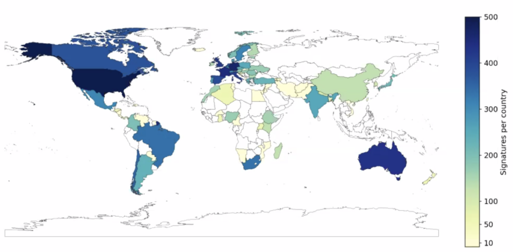 An equirectangular projection of the earth with political boundaries marked. Each country is colored in between white, yellow, green, pale blue, and a dark blue corresponding to the number of signatures in that country, with white corresponding to zero and dark blue corresponding to 500.